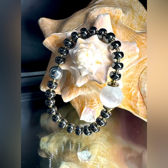 HEMATITE + SELENITE STONES NATURAL BRACELET size 7” - Picture 1 of 12